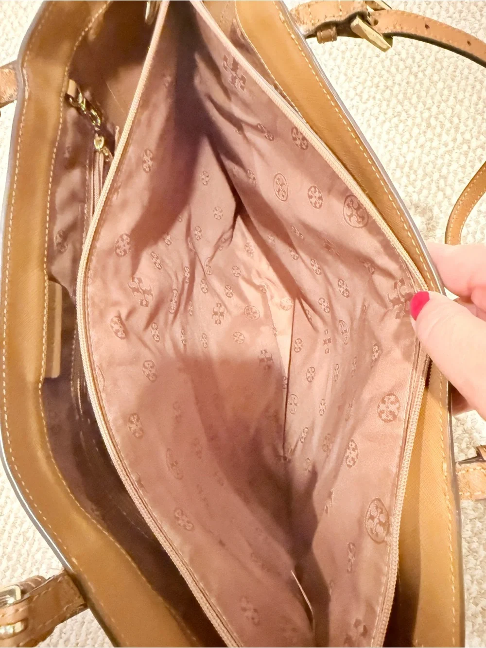 Tory Burch Cognac Leather Tote with Gold Logo